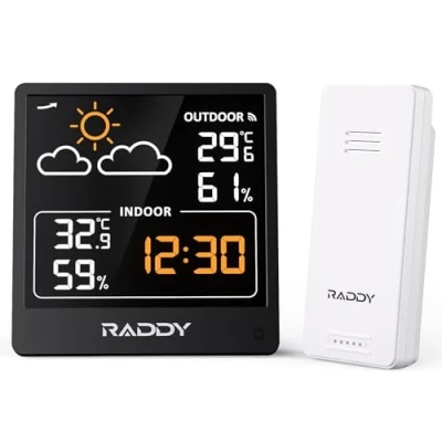 Afbeelding van Raddy WF 50V weerstation draadloos, binnen en buitenthermometer, hygrometer, 5,0&#039;&#039; VA display, USB C voeding, weersvoorspelling, draadloze afstandsbedieningssensor (zwart)