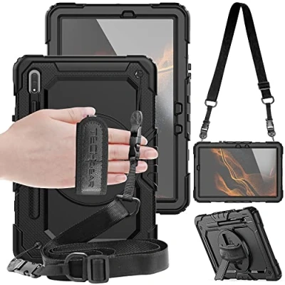 Afbeelding van TECHGEAR UTILITY Hoesje geschikt voor Samsung Galaxy Tab S8 11 inch (SM X700 / SM X706) Stoer robuust, zwaar pantser schokbestendig impacthoesje met 360 roterende standaard, handriem en schouderriem