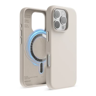 Afbeelding van elago Magnetische Silicone Hoesje Compatibel met iPhone 16 Pro alle MagSafe accessoires Ingebouwde Magneten, Siliconen Zachte Grip, Schokbestendig (Stone)
