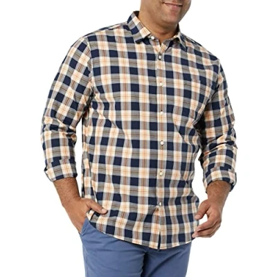 Afbeelding van Amazon Essentials Regular Fit Stretch Poplin overhemd met lange mouwen, marineblauw perzik geruit, XX Large