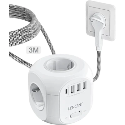 Afbeelding van LENCENT 8 in 1 Cube Stopcontact met Platte Stekker, 4 Voudige Stopcontacten 3 USB en Type C, Meervoudige Stekkerdoos USB, Stekkeradapter Schakelaar, 3M Gevlochten Kabel Power Strip