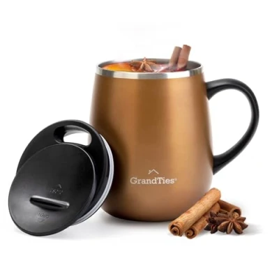 Afbeelding van GRANDTIES Geïsoleerde koffiemok met handvat schuifdeksel voor spatwaterdicht 460 ml thermosbeker dubbelwandige vacuüm roestvrij staal houdt dranken warm en koud cognac metallic