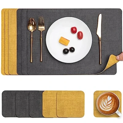 Afbeelding van Myir JUN Lederen Placemat en Onderzetters, Tafelmatten Waterdichte Afveegbare Dubbelzijdige Plaats Matten Koffiematten Antislip Wasbare Placemats Coaster (Grijs Geel, Sets 6)