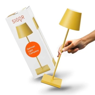 Afbeelding van SIGOR Nuindie 2.0 Dimbare led tafellamp op batterijen, voor binnen en buiten, IP54 spatwaterdicht, hoogte 38 cm, oplaadbaar met USB C, 12 uur lichtduur, zonnegeel
