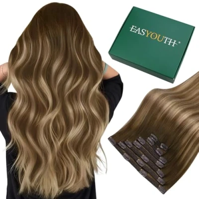 Afbeelding van Easyouth Full Head Clip on Haarkleur Donkerbruin Mix Lichtblond Vervaagd 18 inch/7 Stuks 80g Echt Mensenhaar Balayage Menselijk Haar