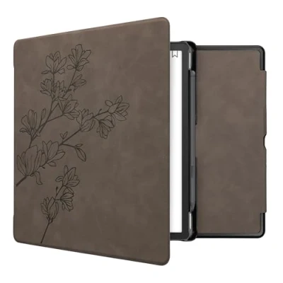 Afbeelding van kwmobile e reader hoesje geschikt voor Amazon Kindle Scribe hoes Ereader flip case met standaard Kunstleren cover Magnolia design in grijs