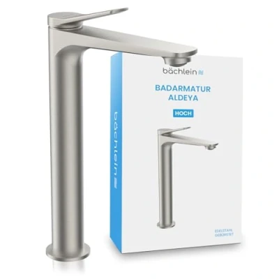 Afbeelding van Bächlein badkamerkraan Aldeya high in modern design, extra hoge ééngreepsmengkraan voor opzetwastafel met bevestigingsset, geborsteld roestvrij staal