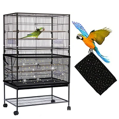 Afbeelding van Daoeny Grote vogelkooi, zadenvanger, verstelbare zachte luchtige nylon netwerk, vogelkooi cover rok zaadbeschermer voor papegaai parkiet ara Afrikaanse ronde vierkante kooien (zwart, pailletten ster)