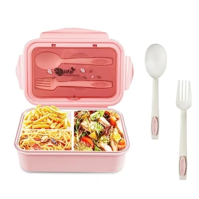 Afbeelding van Relota broodtrommel met 3 vakken en lepel, vork, 1400 ml, lunchbox, lekvrij, BPA vrij, bentobox voor magnetronbestendig, volwassenen, kinderen, school, werk, roze