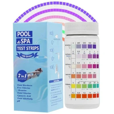 Afbeelding van 100 stuks zwembadtester, watertester, 7 in 1 zwembadwaterteststrips, spa, whirlpool, teststrips voor pH waarde, vrij chloor, totale hardheid, broom, totaal cyanuurzuur, alkaliteit (7 1)