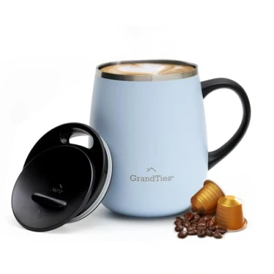 Afbeelding van GRANDTIES Geïsoleerde koffiemok met handvat schuifdeksel voor spatwaterdichte thermosbeker van 16 oz dubbelwandige vacuüm roestvrij staal houdt dranken warm en koud Glacier Lake