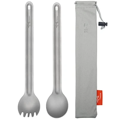 Afbeelding van TiTo Titanium Spork en lepel met lange steel, milieuvriendelijk, ultralicht, draagbaar bestek voor buiten, kamperen, backpacken, wandelen, reizen, picknick, servies tas (2 stuks zandstralen)