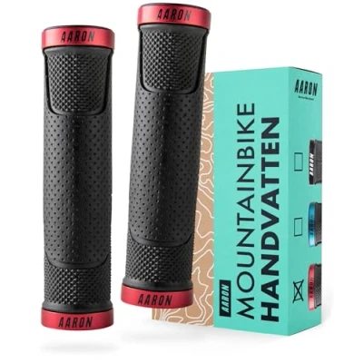 Afbeelding van AARON MTB fietsgrepen, sportieve stuurgrepen van antislip rubber, rode lock on gel handgrepen met stuureindkappen voor mountainbike, trekkingfiets, e bike, crossbike, fixie en nog veel meer.