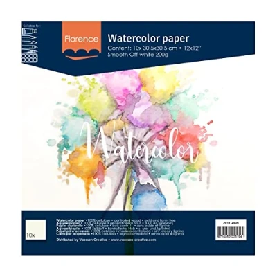 Afbeelding van Vaessen Creative 2911 2004 Florence aquarelpapier 30,5 x cm in ivoorwit, van 200 g/m² glad papier, 10 vellen voor scrapbooking, aquarelschilderen, handbelettering en penseellettering, stuk