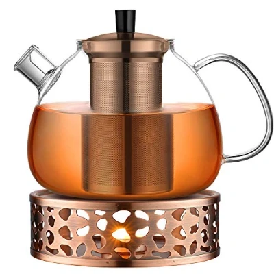 Afbeelding van ecooe Glazen Theepot met Theepotwarmhouders Theefilters,1500ml van Glas Infuser, Borosilicaat Deksel voor Theebloemen, Losse thee en Theezakjes, Bruin