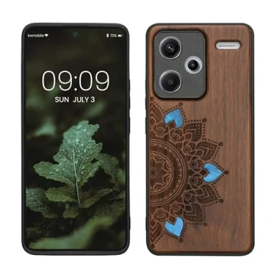 Afbeelding van kwmobile telefoonhoesje geschikt voorXiaomi Redmi Note 13 Pro+ 5G / Pro Plus Hoesje met bumper walnoothout In donkerbruin Parelmoer mandala design