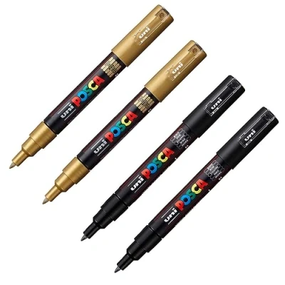 Afbeelding van Uni Ball 205081 POSCA markerset, goud en zwart, 4 stuks, acrylstiften PC 1MC, 0,7 mm