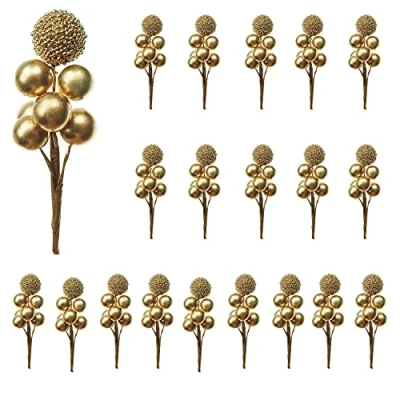 Afbeelding van RXXR 20 Tak Gouden Hulst Bessen Stengels Kunstbessen Picks Kerst Decor voor DIY Slinger, Geschenkverpakking en Vakantie Krans Ornamenten
