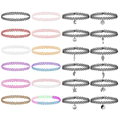 Afbeelding van LZYMSZ Chokerset van 24 stuks, rekbare elastische meisjes chokerset, kleurrijke halsketting hangerset voor vrouwen, meisjes, kinderen, tieners, Kunststof