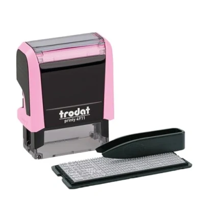 Afbeelding van Trodat Printy 4911 Pastel Roze DIY stempel voor het zelf zetten van tekst 3 regels tekst, afdruk 38 x 14 mm, Nederlands, incl. pincet, zwart stempelkussen &amp; letter en cijferset in één formaat
