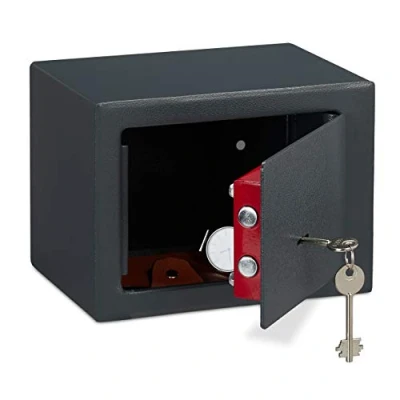 Afbeelding van Relaxdays kluisje met sleutel kluis voor thuis privékluis mini safe 17 x 23 cm donkergrijs