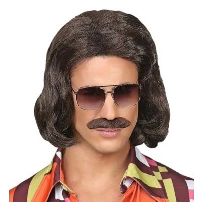Afbeelding van Widmann Hippie Kostuum Foute 70s Dandy Pruik En Snor Bruin Carnavalskleding Verkleedkleding