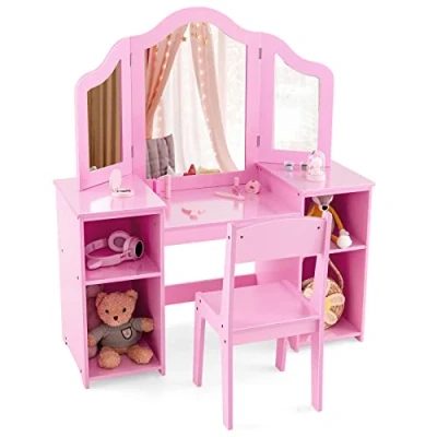 Afbeelding van COSTWAY 2 in 1 Kinderkaptafel en Bureau Met Afneembare Spiegel, Open Vakken, Houten Kaptafel Stoel, Roze