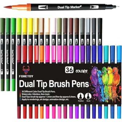 Afbeelding van Dual Brush Pen Set, 36 kleuren Dubbele Viltstiften Penseelpennen, dubbelvezelpen waterbasis Kleurpennen voor Bullet Journal handlettering kalligrafie manga, Borsteltips[1 2 mm] Fineliner Tips[0,4 (36 Zwart)