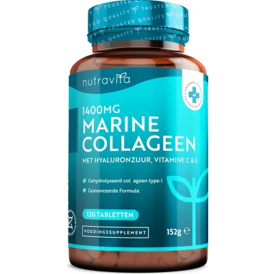 Afbeelding van Marine Collageen Tabletten 1400mg Verrijkt met Hyaluronzuur Gehydrolyseerde Supplementen 120 (2 Maanden Bevoorrading) Vitamine C, E, Zink en Vit B2 Nutravita