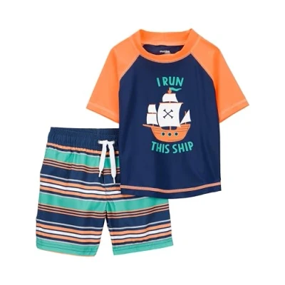 Afbeelding van Simple Joys by Carter&#039;s Badpak voor peuters en babyjongens met zwembroek rashguard set, Navy Oranje Schepen/Witte Streep, 5T