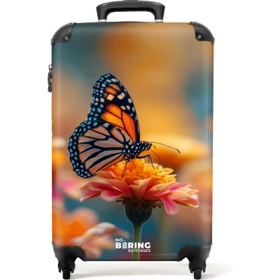Afbeelding van NoBoringSuitcases.com® Handbagage koffer lichtgewicht Reiskoffer trolley Vlinder op roze bloem Rolkoffer met wieltjes Past binnen 55x40x20 en 55x35x25