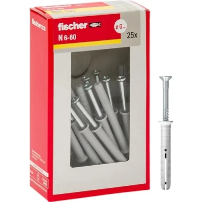 Afbeelding van Fischer 508274 verlengde pluggen N 6 x 60 Y, slagbevestiging met voorgemonteerde spijker voor volledig, halfvol en beton, 25 stuks per verpakking, grijs, mm