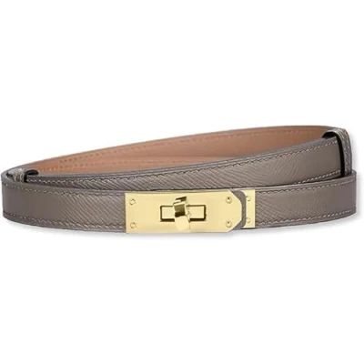 Afbeelding van baizhong Vrouwen Skinny Lederen Riem Klassieke Effen Kleur Legering Turn Lock Dames Verstelbare Slanke Dunne Taille Riem, (grijs Bruin/Goud), 50 90 cm (19.7 35.4 inches)
