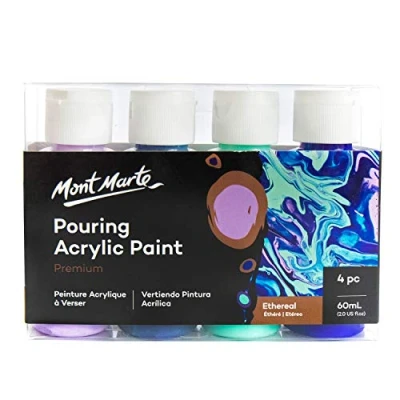 Afbeelding van Mont Marte Acrylverf Pouring Set Ethereal 4 stuks x 60ml Premium voorgemengd met Medium Lichtpaars, Donkerpaars, Muntgroen, Ultramarijn Blauw
