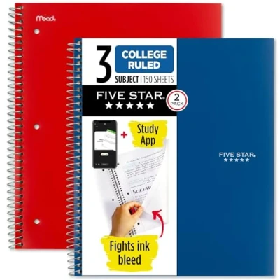 Afbeelding van Five Star Spiraal Notebooks Plus Studie App, 2 Pack, 3 Onderwerpen, College Gerineerd Papier, 11&quot; x 8 1/2&quot;, 150 Vellen, Blauw &amp; Rood (38502)
