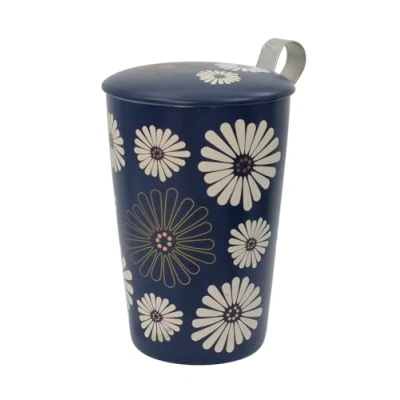 Afbeelding van Eigenart TeaEve &quot;Amami&quot; theebeker donkerblauw met witte bloemen dubbelwandig theezeefje voor losse thee