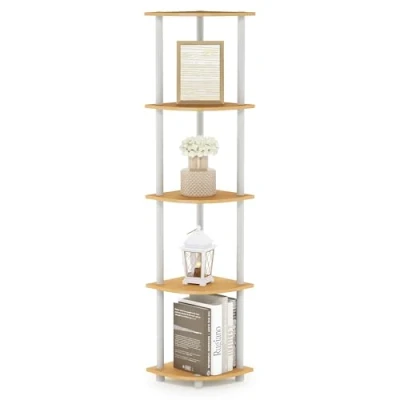 Afbeelding van Furinno Hoekplank met 5 niveaus, multifunctioneel rek, composiethout, pvc buizen, beuken/wit, 29,46 x 146,3 cm