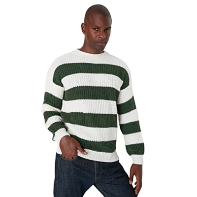 Afbeelding van Trendyol Donkergroene Casual Oversized Pasvorm, Breed Patroon, Ronde Hals, Gestreepte Gebreide Trui Tmnaw23Kz00106