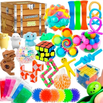 Afbeelding van STASHABLES Sensorische fidget speeltjes voor kinderen, pakket van 35 stuks, stressverlichting en anti angst, coole pakketten met stressballen, kubus meer party gunsten, prijzen,
