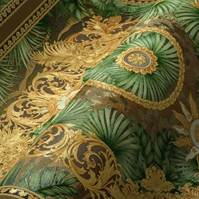 Afbeelding van &quot;JUNGLE&quot; SATIJN GLANZEND MEDUSA HOOFD BEHANG Design goud bruin groen A.S. Création Versace 5