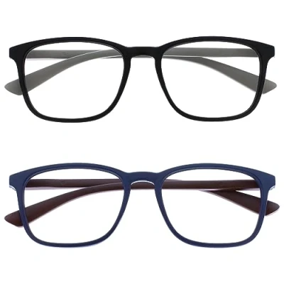 Afbeelding van OPULIZE Max Leesbrillen 2 pack Klassiek Groot Rechthoekig Montuur Mat Zwart, Blauw Uniseks voor Heren &amp; Dames Veerscharnieren RR78 13 +2.50