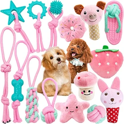 Afbeelding van VIPNAJI Puppyspeelgoed, 15 stuks, duurzaam hondenspeelgoed voor puppy&#039;s/kleine en middelgrote honden, pluche hondentouw, kauwspeelgoed, natuurlijk katoen, niet giftig, veilig onverwoestbaar, roze