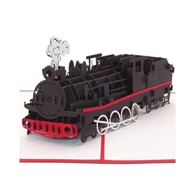 Afbeelding van Pop up kaart stoomlocomotief spoorweg 3D verjaardagskaart, reisvoucher &amp; cadeaubon stoomlok, vouwkaart locomotief