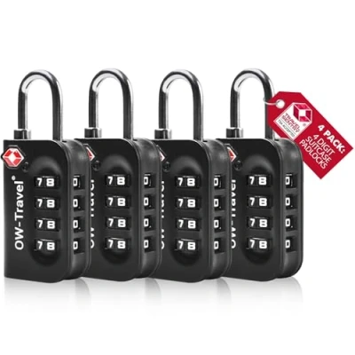 Afbeelding van OW Travel TSA Slot. Hangslot met cijfercode. Cijferslot 4 cijfers. Bagageslot Cijfercodeslot. Cijfersloten voor koffer rits bagage tas rugzak gymkluisje. Kofferslot cijfercode Zwart Stuks