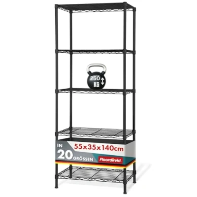 Afbeelding van Floordirekt Rocky Roosterrek, metalen rek, draagkracht ca. 50 kg per plank, multifunctioneel opbergsysteem, verkrijgbaar in twee kleuren en verschillende maten (55 x 35 140 cm, zwart)