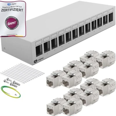 Afbeelding van HB DIGITAL SET: 12 poorts patchpaneel behuizing voor Keystone module 12x Cat.8 RJ45 bus jack netwerkinstallatie compatibel met installatiekabel LAN Ethernet lichtgrijs