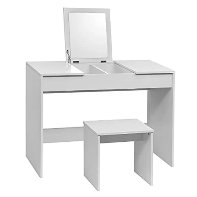 Afbeelding van WOLTU MB6047ws kaptafel Wit met spiegel opvouwbare 100x45x76cm,Make up tafel kruk,Wit