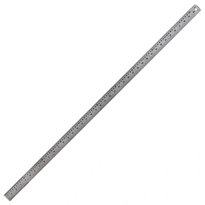 Afbeelding van LINEX 100411044 stalen liniaal, 100 cm lang en 3,5 breed, met inchschaal omrekeningstabel op de achterkant (van inch tot mm).