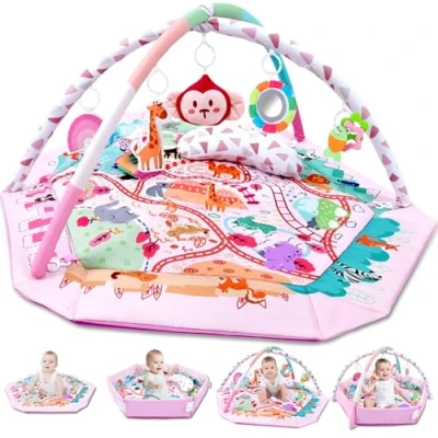 Afbeelding van TFDER 7 in 1 speelkamer voor baby&#039;s, antislipmat kruipmat met speelboog en sensorisch speelgoed 0+ maanden,Roze