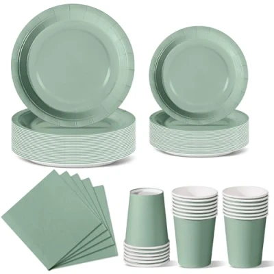 Afbeelding van Nkaiso Verjaardag feestservies, 96 delig, groen, grasgroen, feestborden, set wegwerpborden, papieren kopjes, servetten, voor barbecue, picknick, 24 gasten